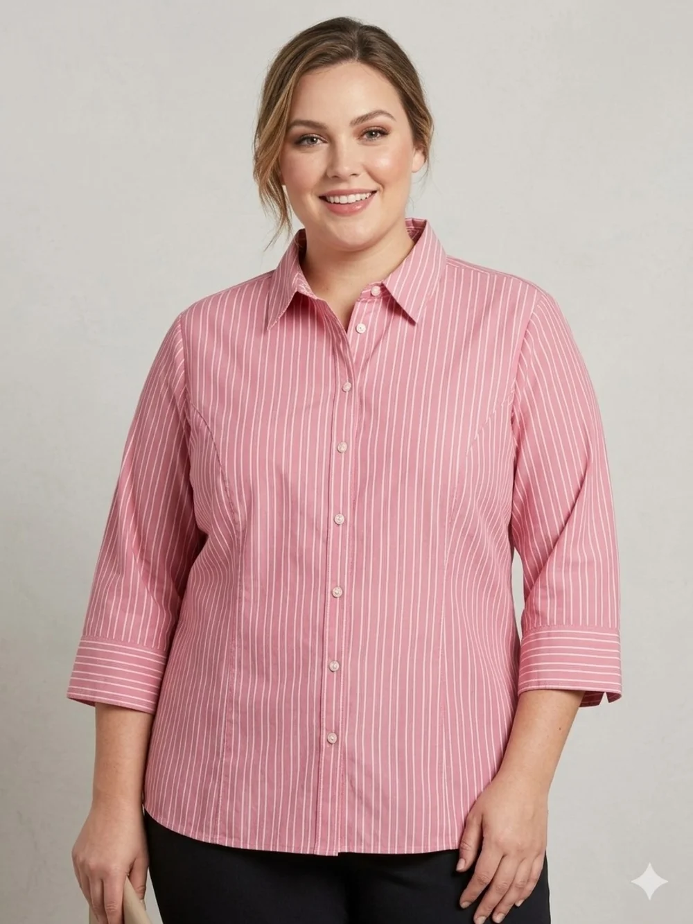 Riders by Lee Pink White Striped Button Down Blouse 3/4 Sleeve 3X Plus Cotton - Picture 1 of 7